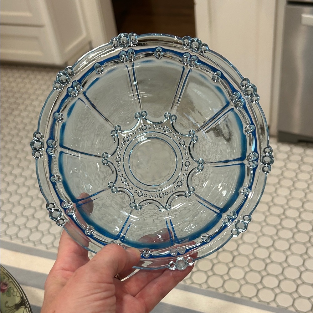 Vintage Blue Glass Bowl with Floral Accents